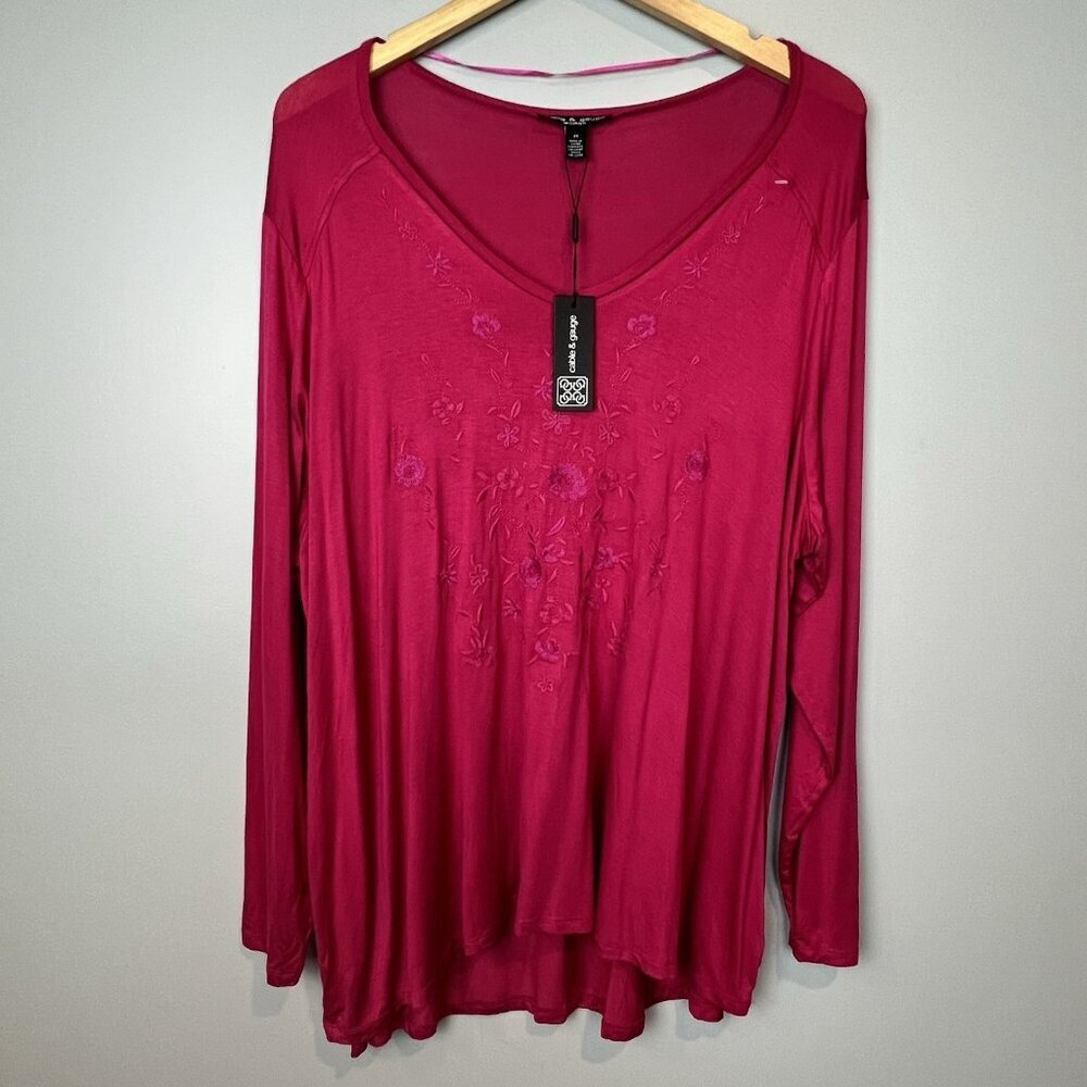 Cable and Gauge Long Sleeve Shirt Women's Size 3X Magenta Embroidered NWT